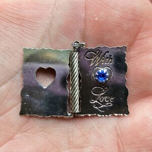 Vintage Tiny Book Sterling Silver With Love Heart Pendant, Faceted Blue Emerald